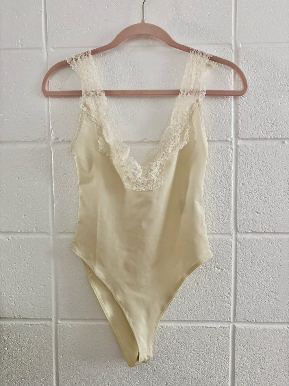 H&M Lace-Trim Satin Bodysuit in Cream - Women Intimates S